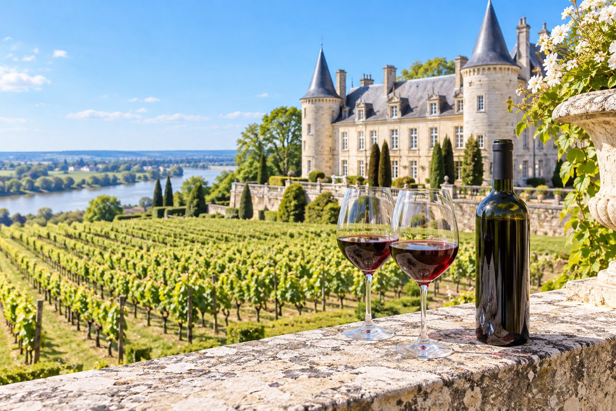 Two glasses of red wine on a sunny chateau terrace above Bordeaux vineyards