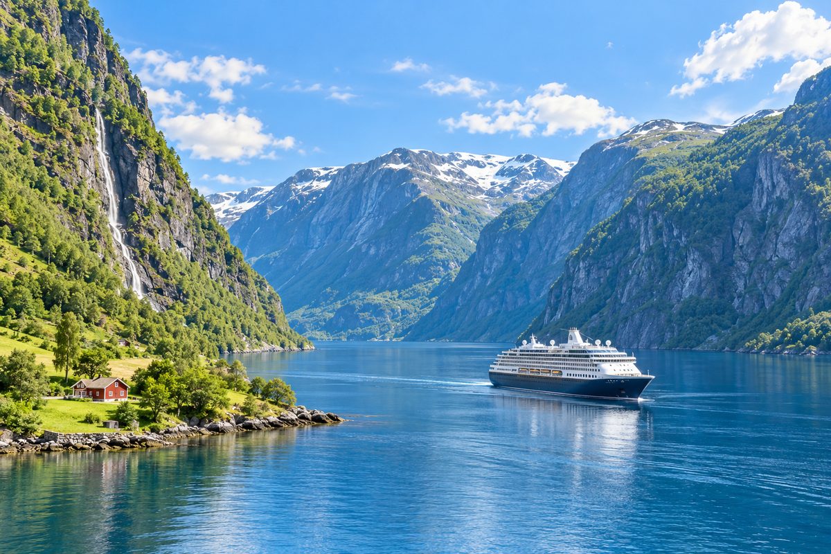A small white ship on a calm Norwegian fjord below green mountains